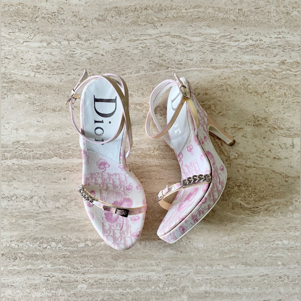 Vintage Dior Floral Trotter Canvas Chain Sandal Heels